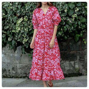 Voyageur By Mersea Hedy Tropical Floral Vine Puff Sleeve Tiered Midi Dress Sz S